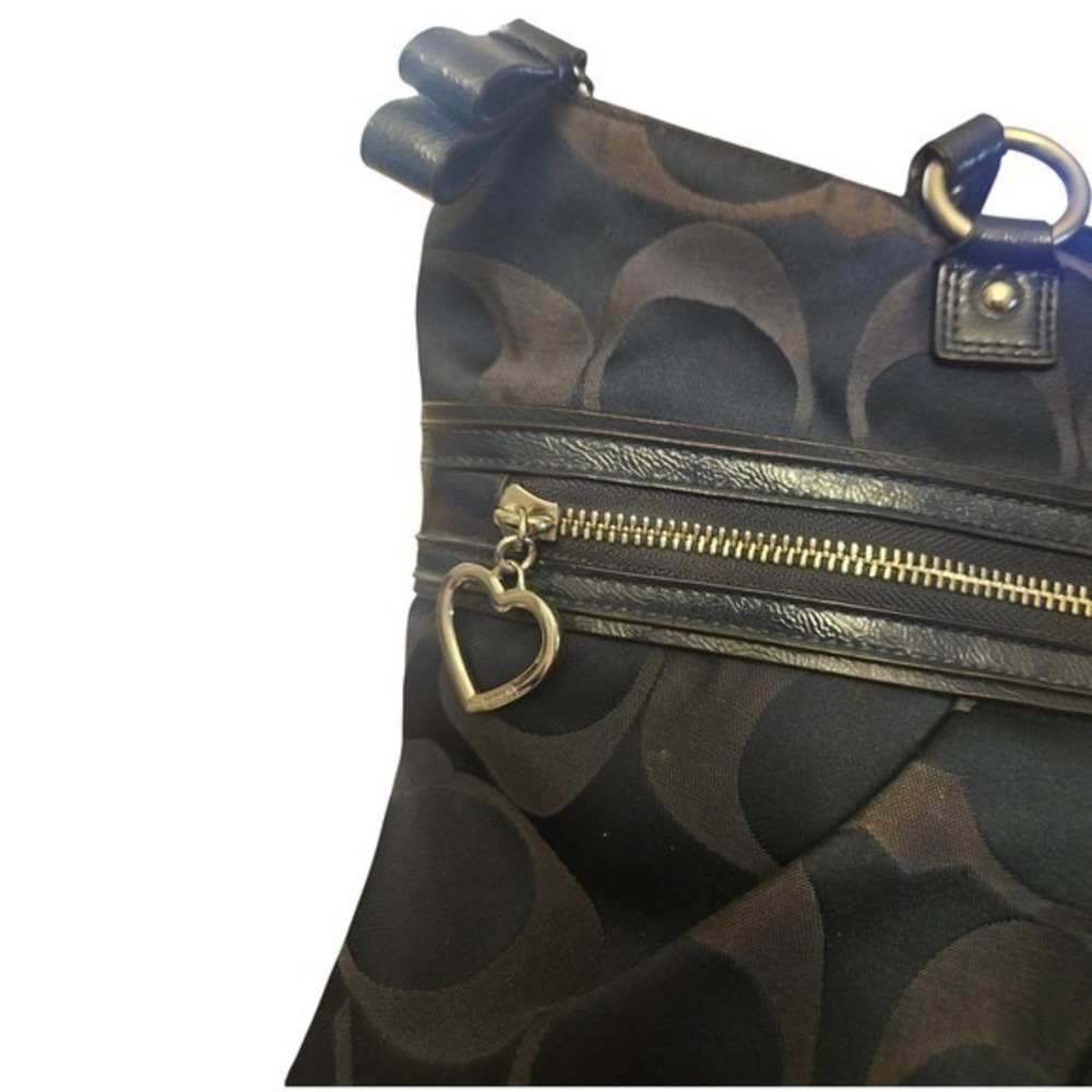 Coach Poppy Navy Signature Jacquard Tote Bag‎ Heart Zipper Pull 15312 - Picture 3 of 13